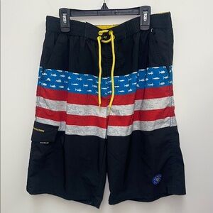 Men's Black Swim Shorts with Red, Blue, and Gray Stripes
